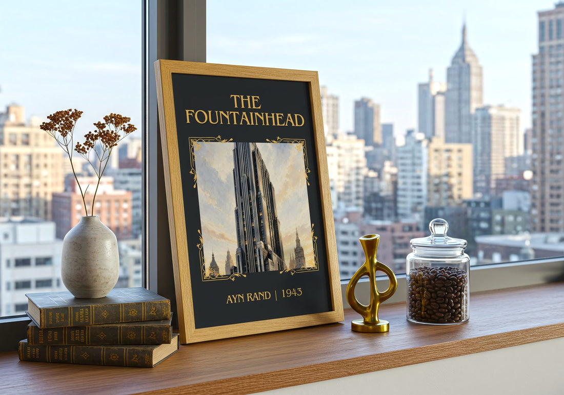 The Fountainhead Classic Book Art Print by Ayn Rand – framed print on a city-view windowsill