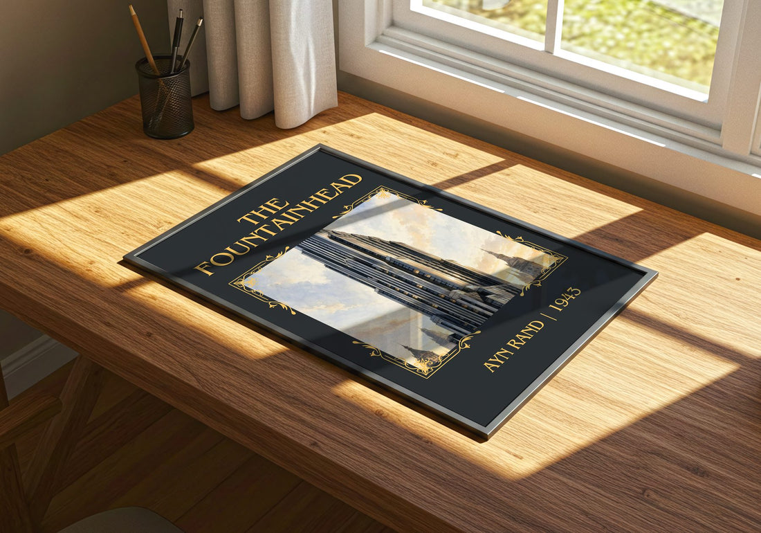 The Fountainhead Classic Book Art Print by Ayn Rand – print on a sunlit desk