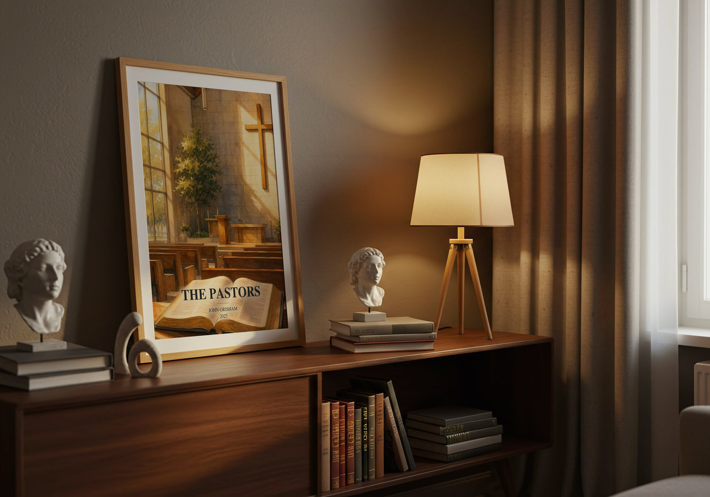 The Pastors watercolour print on bookshelf – John Grisham fan gift