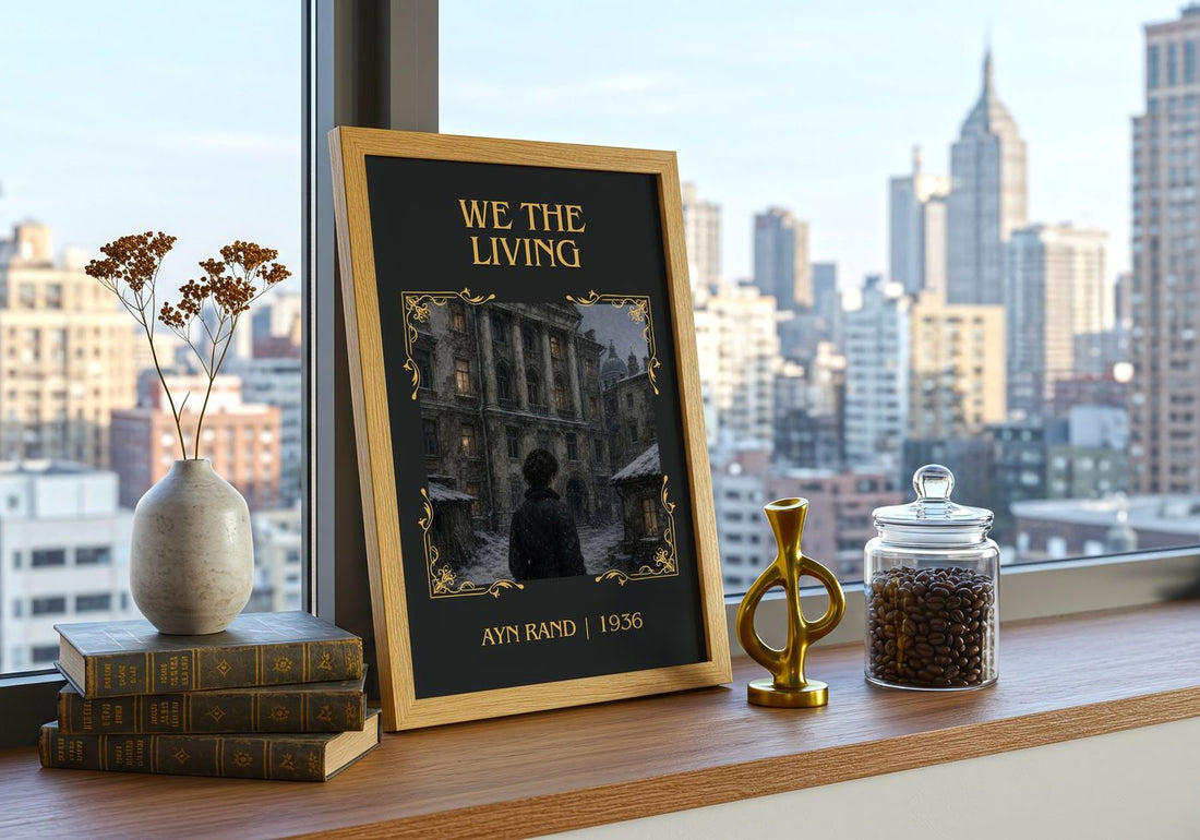 We the living Classic Book Art Print by Ayn Rand – framed print on a city-view windowsill