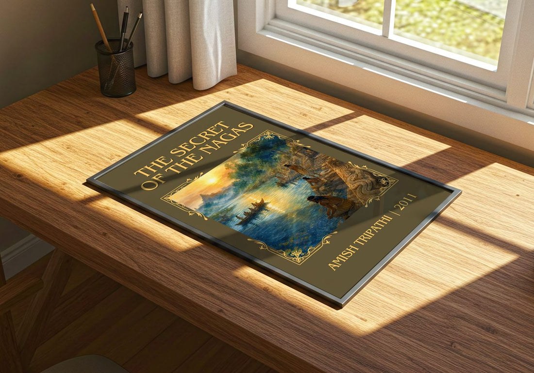 The Secret of the Nagas Classic Book Art Print by Amish Tripathi – print on a sunlit desk
