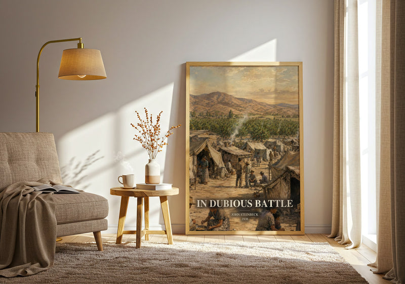 In Dubious Battle watercolour print in frame leaning in hallway – classic literature wall art