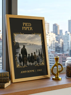 Pied Piper Classic Book Art Print by John Boyne – framed print on a city-view windowsill