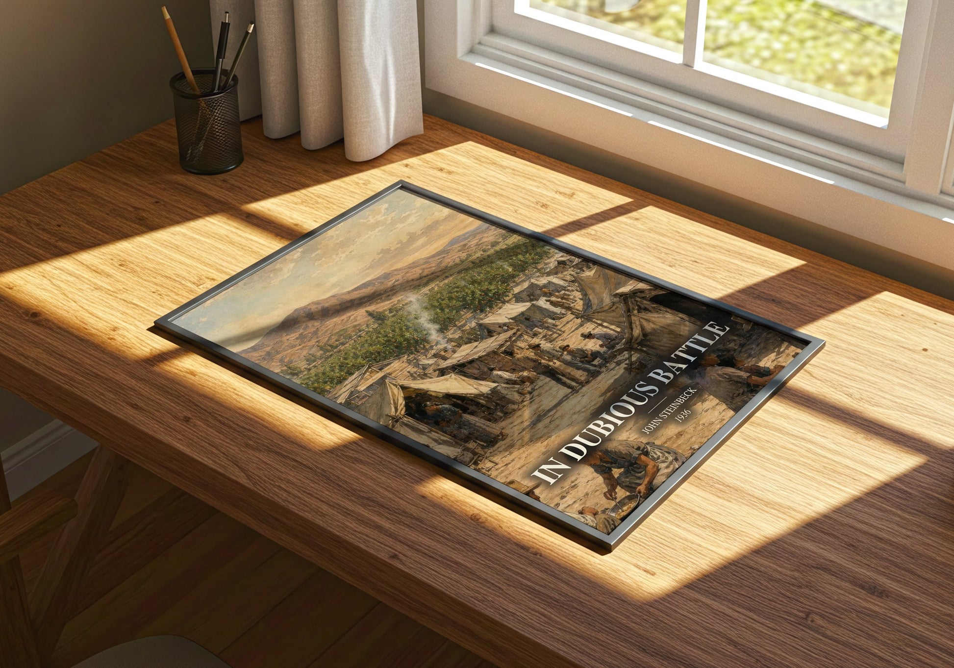 In Dubious Battle watercolour book poster framed on wall – classic literature wall art