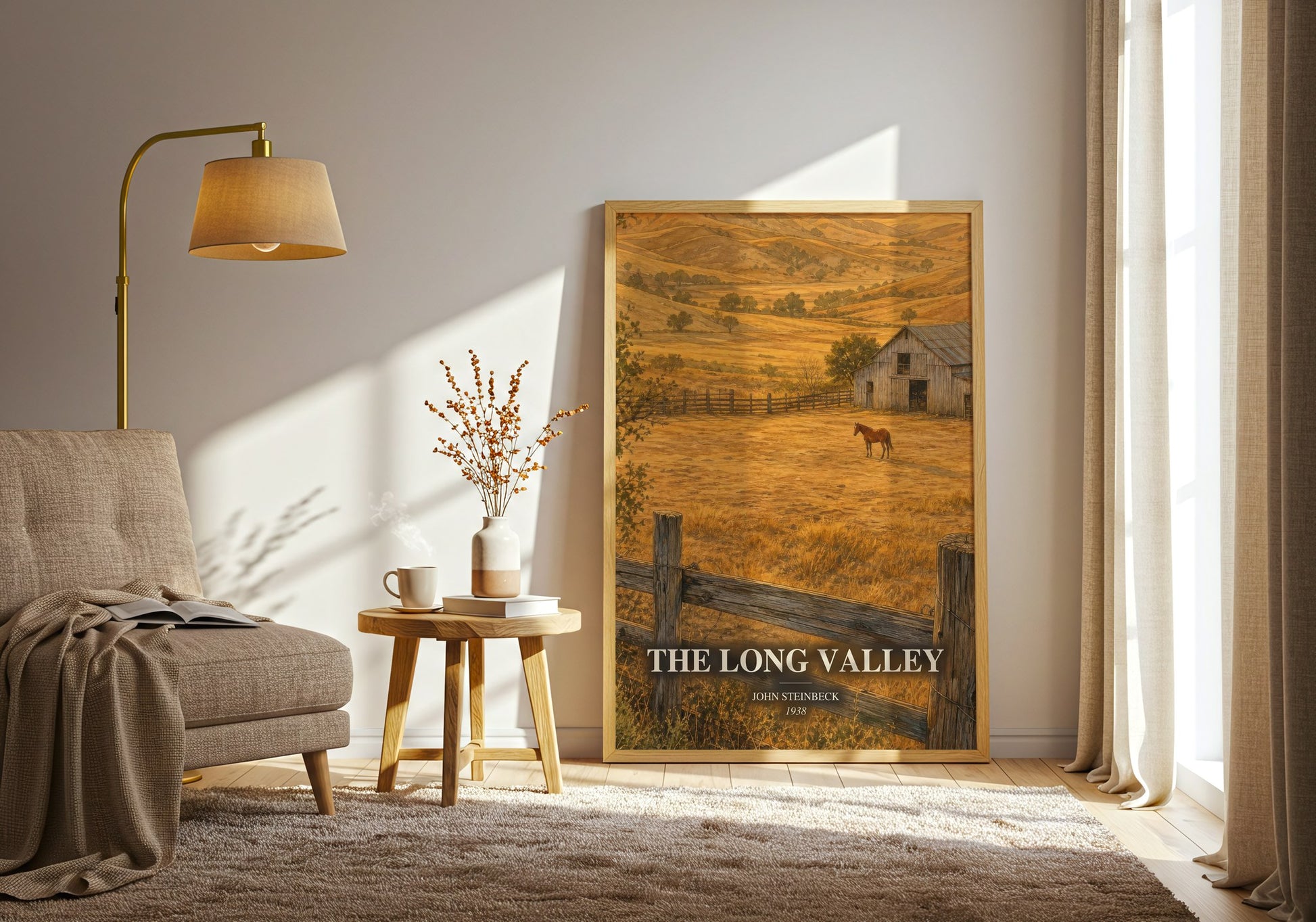 The Long Valley watercolour print in frame leaning in hallway – literary fiction wall art