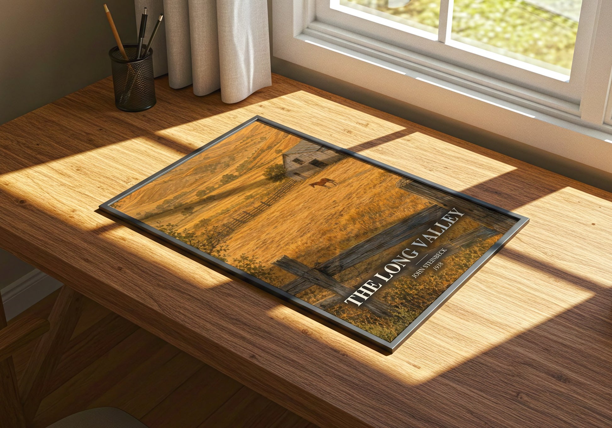 The Long Valley watercolour book poster framed on wall – literary fiction wall art