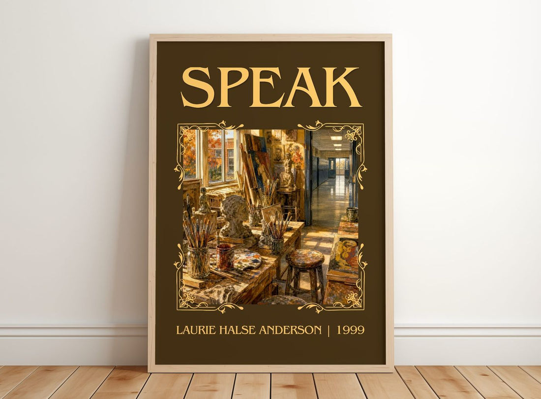 Speak Classic Book Art Print by Laurie Halse Anderson – framed print leaning on a wooden floor