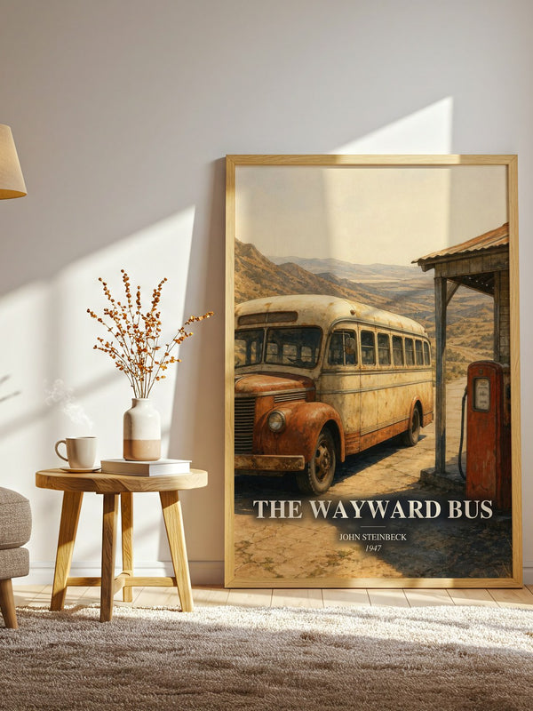 The Wayward Bus watercolour print in frame leaning in hallway – literary fiction wall art