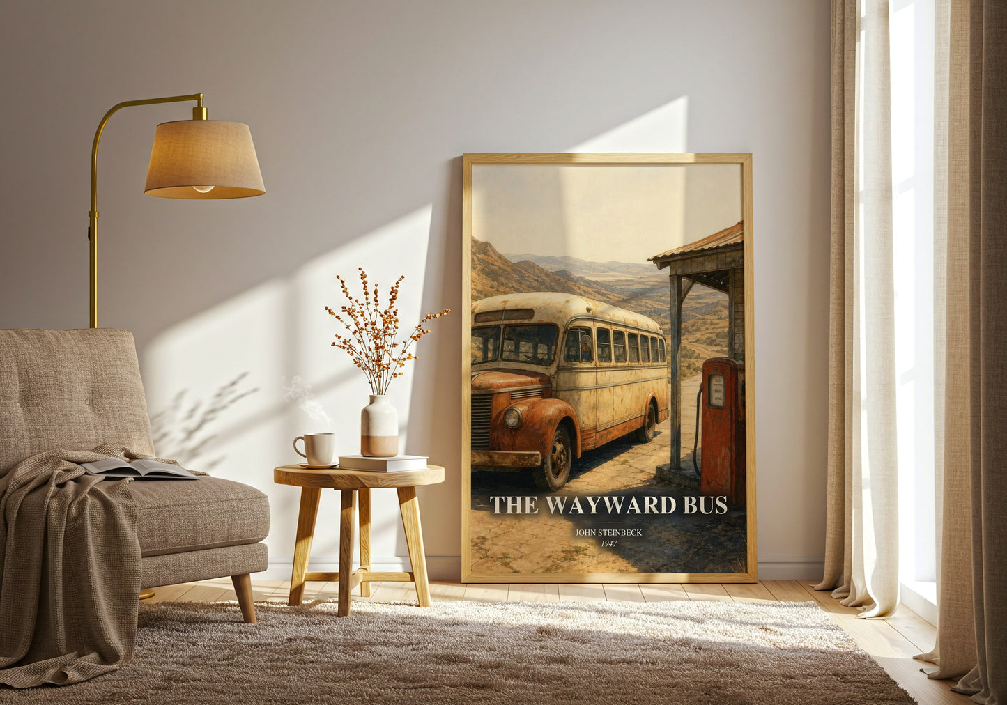 The Wayward Bus watercolour print in frame leaning in hallway – literary fiction wall art