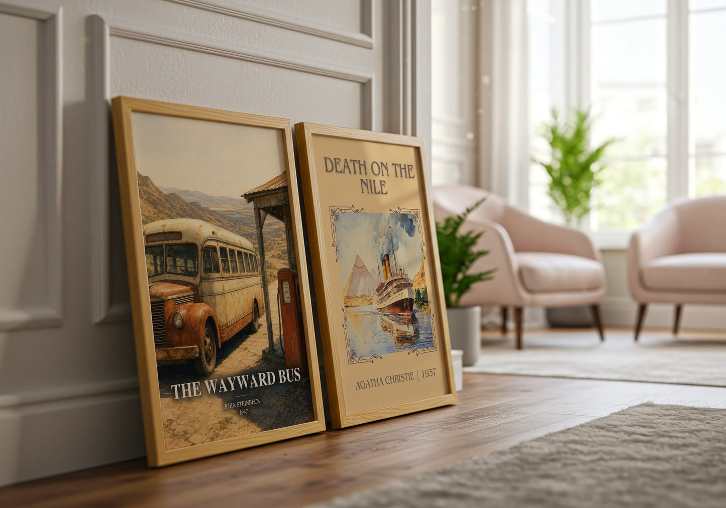 The Wayward Bus watercolour print framed by window – literary home decor