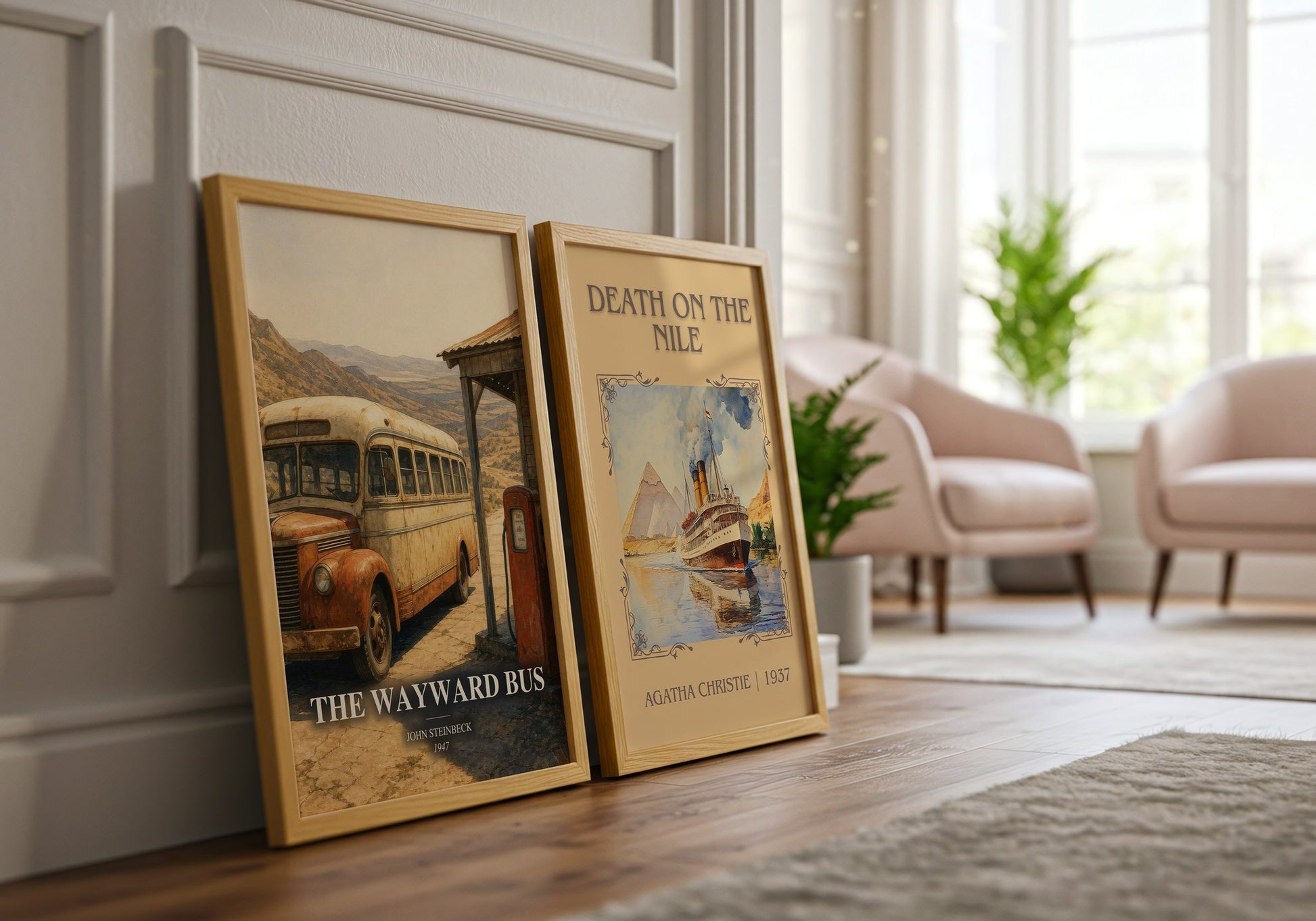 The Wayward Bus watercolour print framed by window – literary home decor