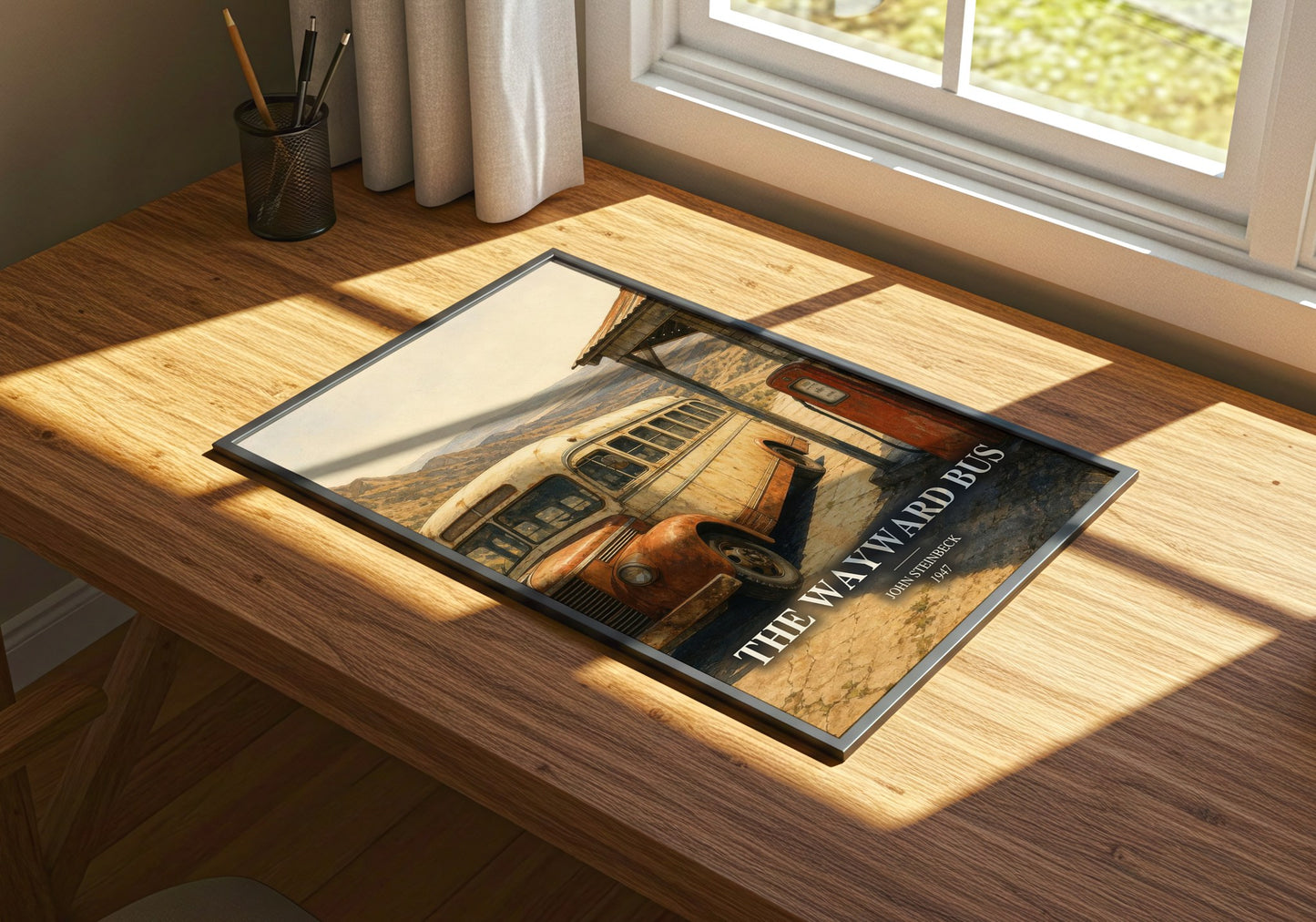 The Wayward Bus watercolour book poster framed on wall – literary fiction wall art