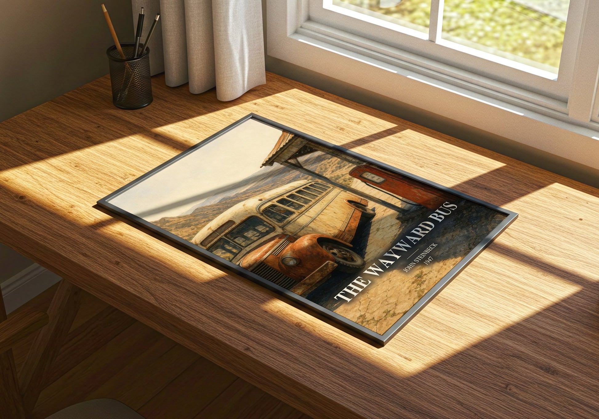 The Wayward Bus watercolour book poster framed on wall – literary fiction wall art