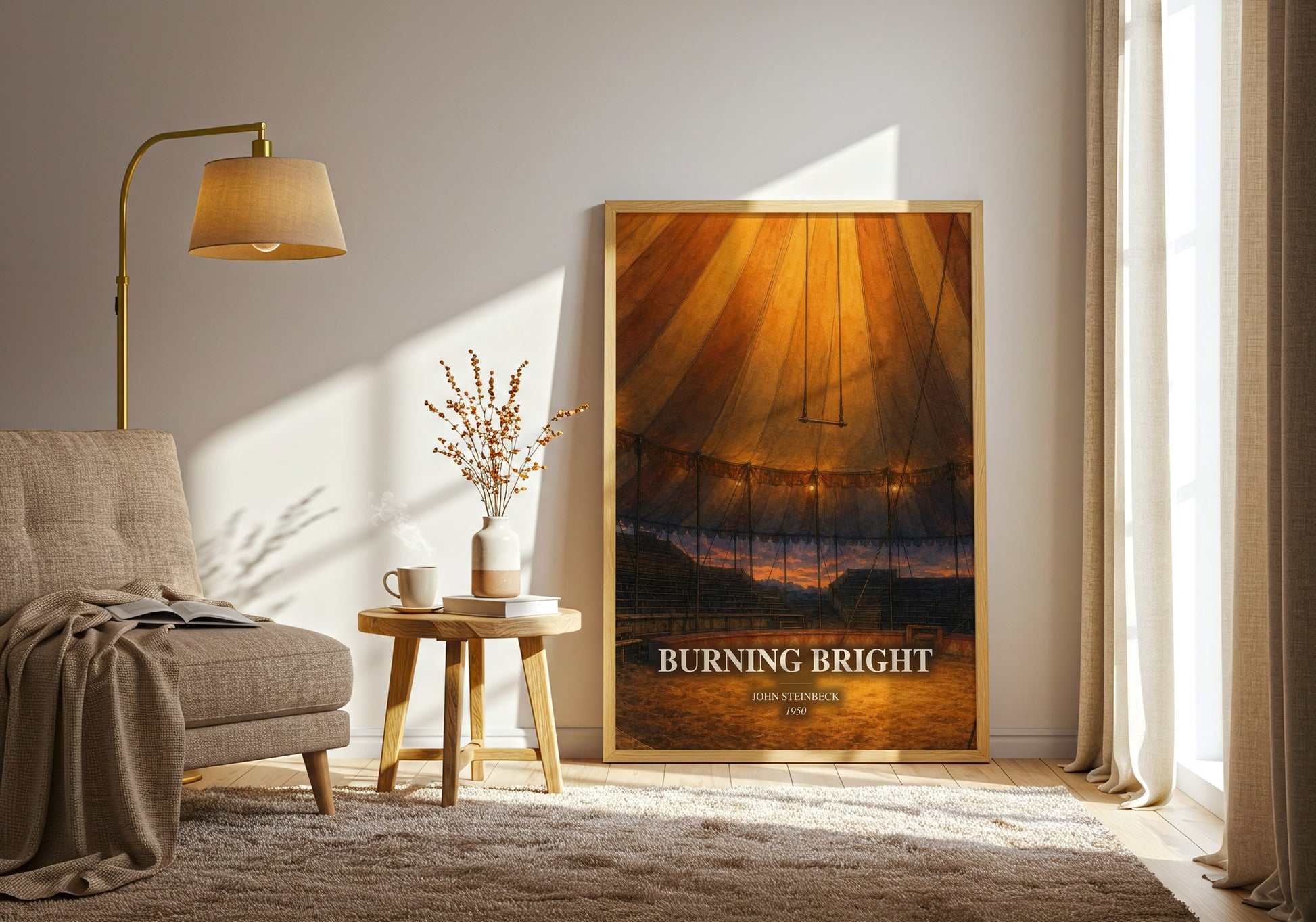 Burning Bright watercolour print in frame leaning in hallway – literary fiction wall art