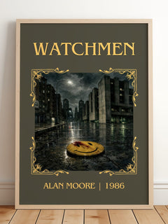 Watchmen Classic Book Art Print by Alan Moore – framed print leaning on a wooden floor