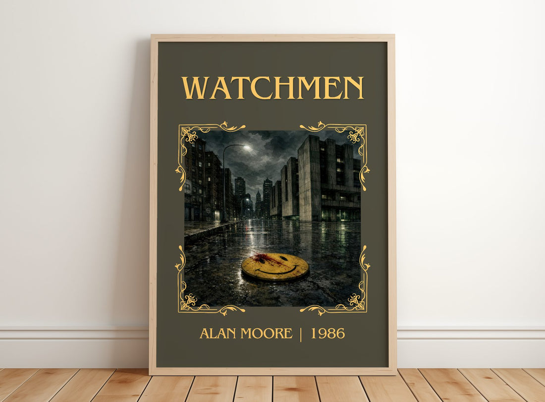Watchmen Classic Book Art Print by Alan Moore – framed print leaning on a wooden floor