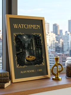 Watchmen Classic Book Art Print by Alan Moore – framed print on a city-view windowsill