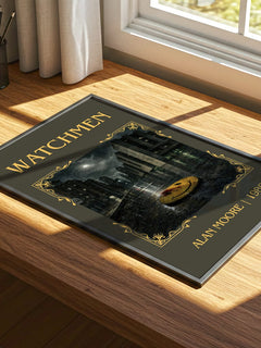 Watchmen Classic Book Art Print by Alan Moore – print on a sunlit desk