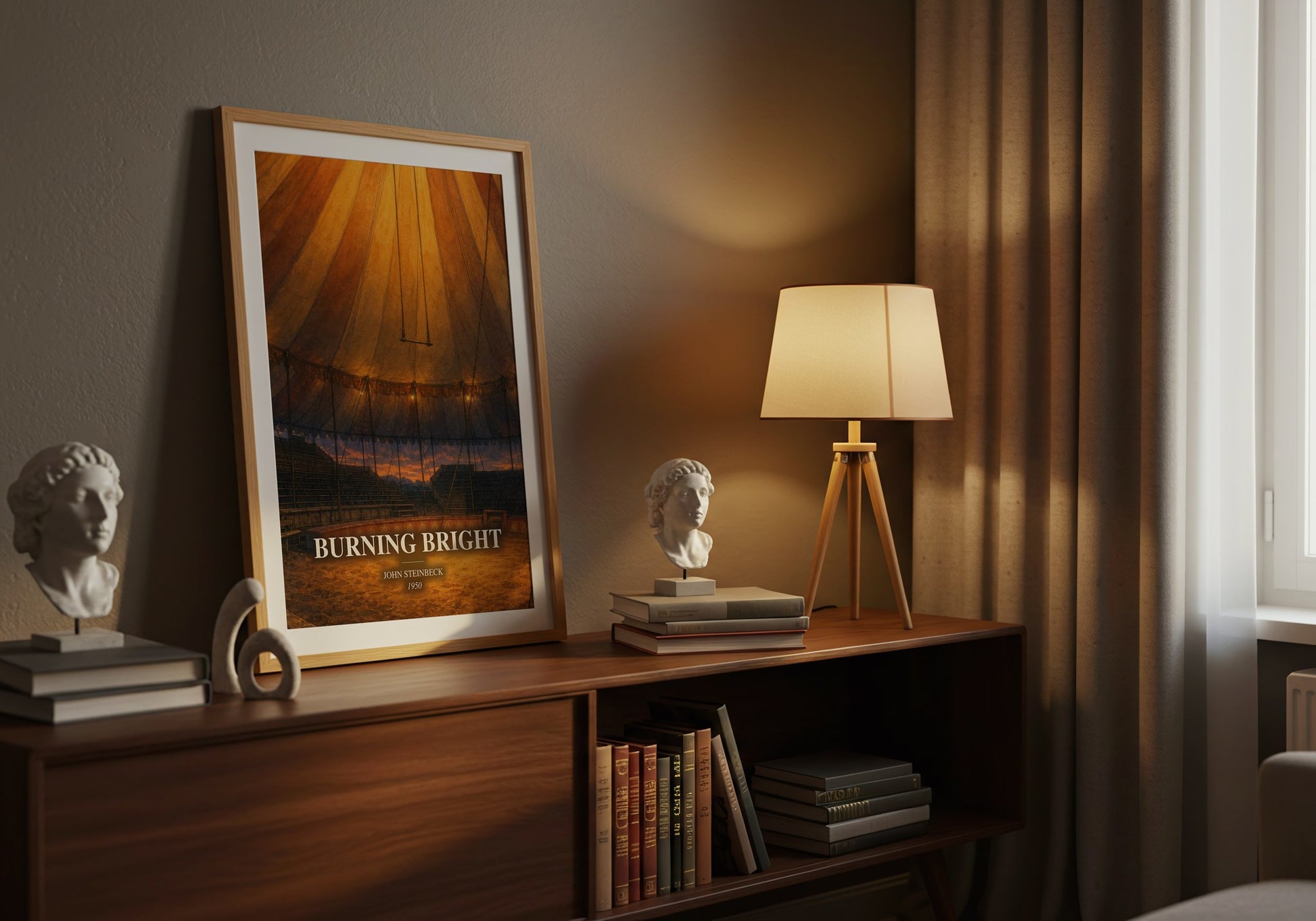 Burning Bright watercolour print on bookshelf – John Steinbeck fan gift