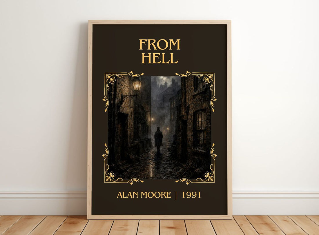 From hell Classic Book Art Print by Alan Moore – framed print leaning on a wooden floor
