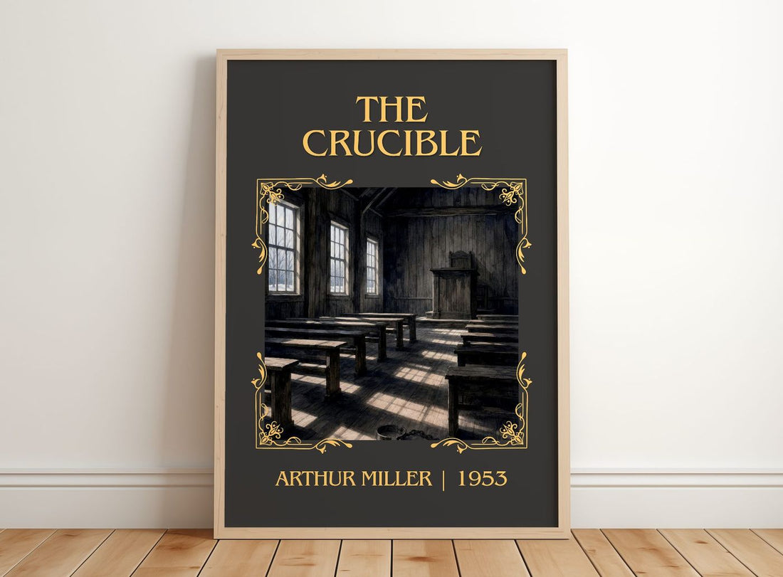 The Crucible Classic Book Art Print by Arthur Miller – framed print leaning on a wooden floor