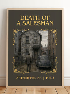 Death of a Salesman Classic Book Art Print by Arthur Miller – framed print leaning on a wooden floor