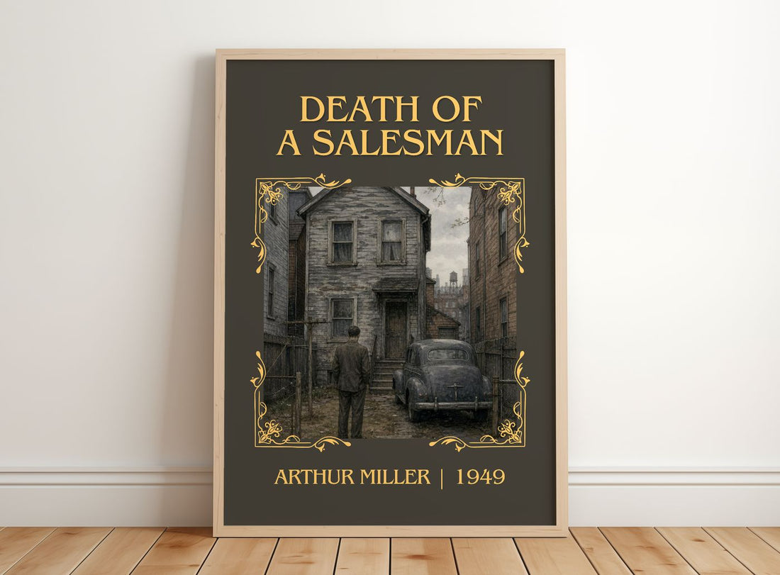 Death of a Salesman Classic Book Art Print by Arthur Miller – framed print leaning on a wooden floor