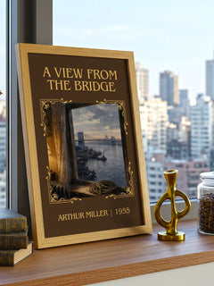 A View from the Bridge Classic Book Art Print by Arthur Miller – framed print on a city-view windowsill