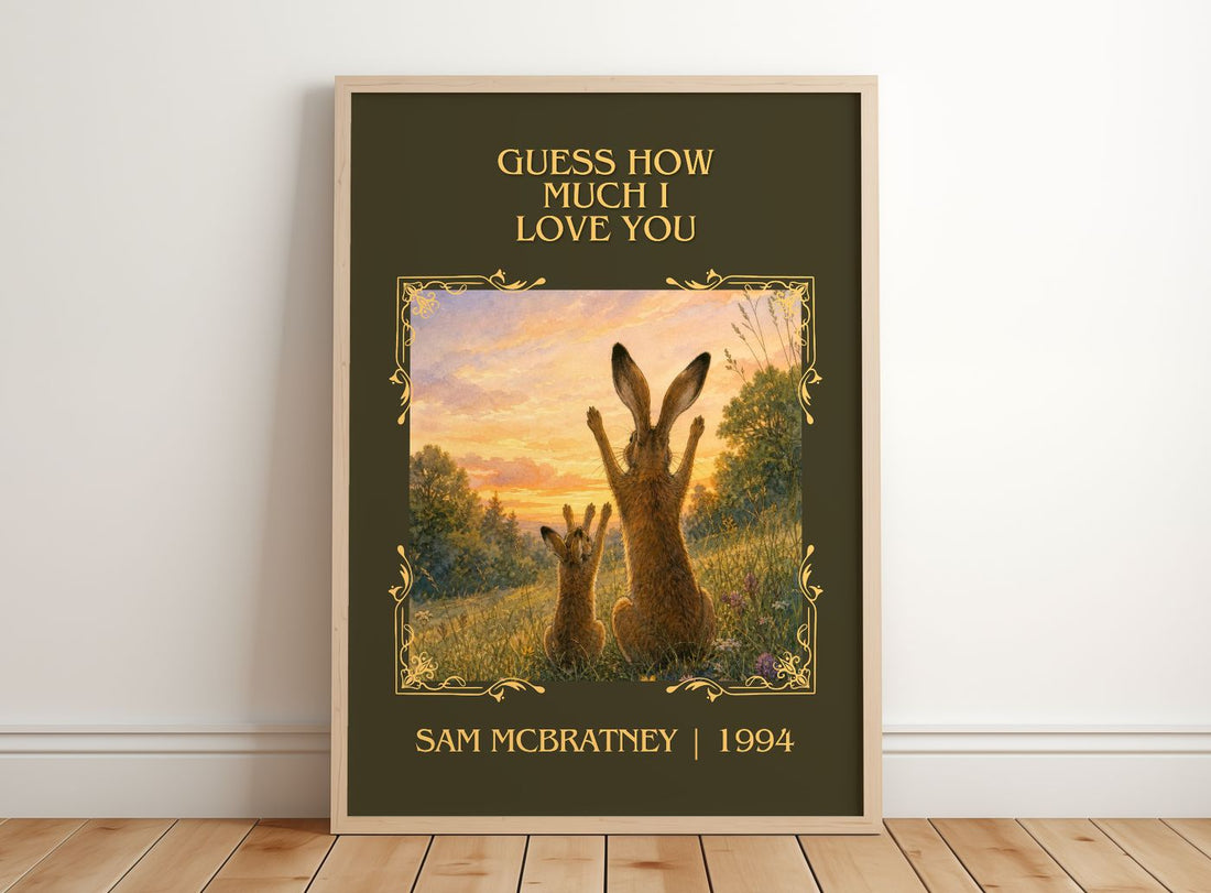 Guess How Much I Love You Classic Book Art Print by Sam McBratney – framed print leaning on a wooden floor