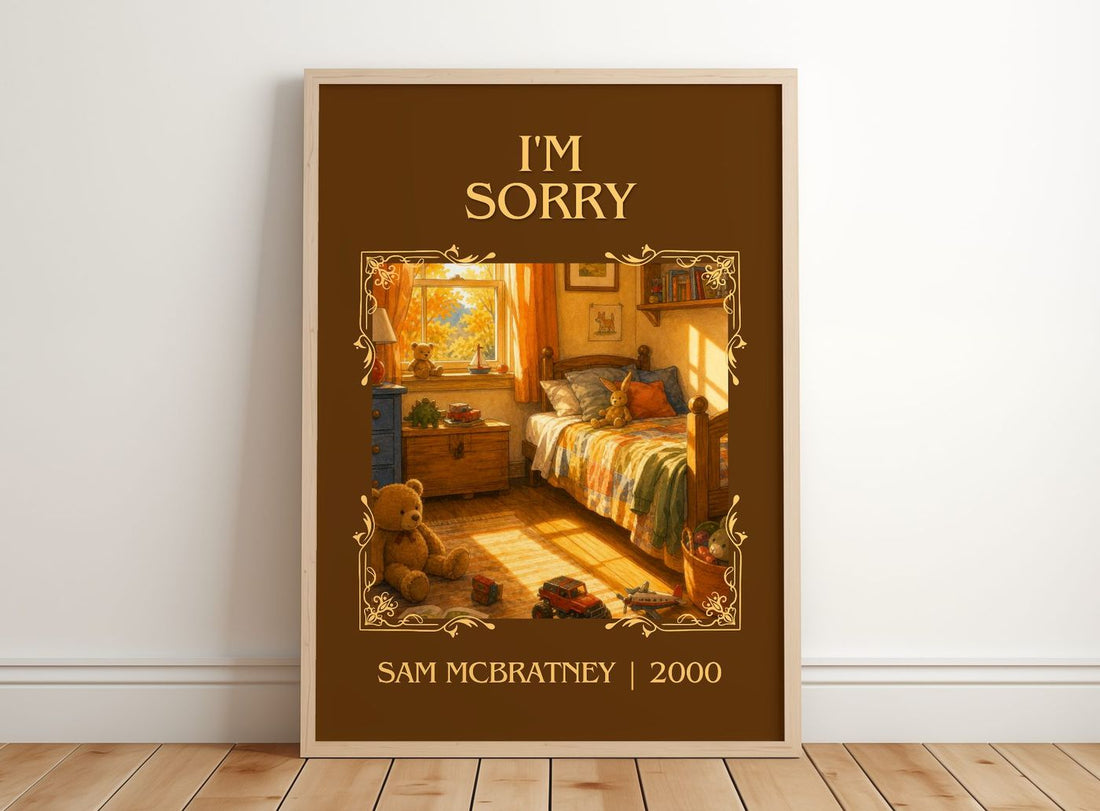 I'm Sorry Classic Book Art Print by Sam McBratney – framed print leaning on a wooden floor