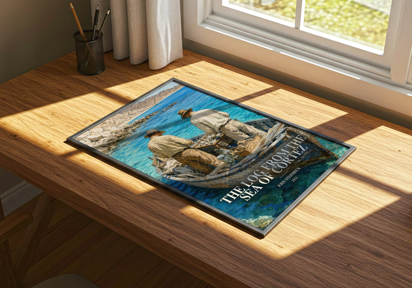 The Log From The Sea Of Cortez watercolour book poster framed on wall – non fiction wall art