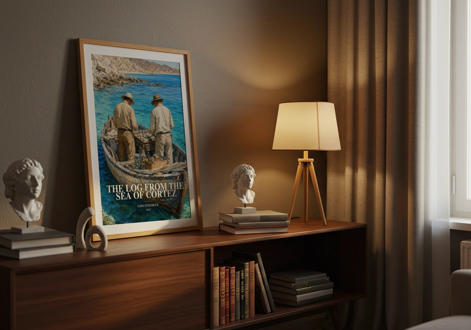 The Log From The Sea Of Cortez watercolour print on bookshelf – John Steinbeck fan gift