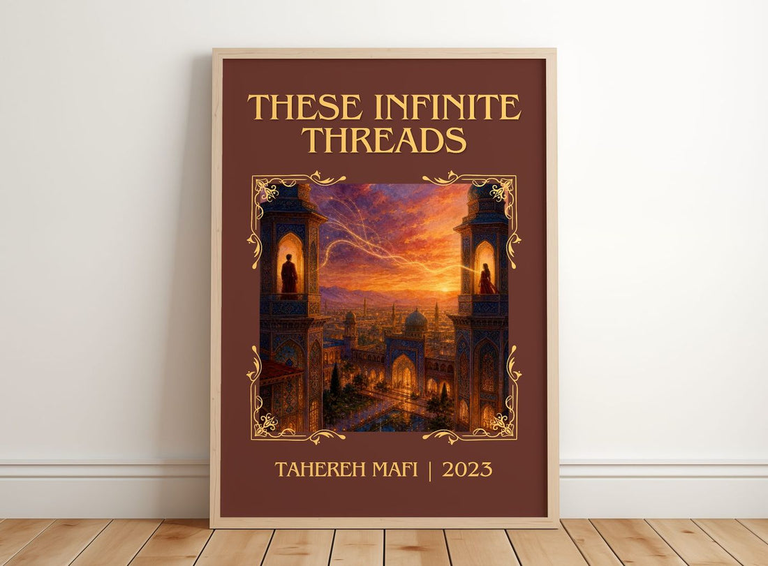 These Infinite Threads Classic Book Art Print by Tahereh Mafi – framed print leaning on a wooden floor