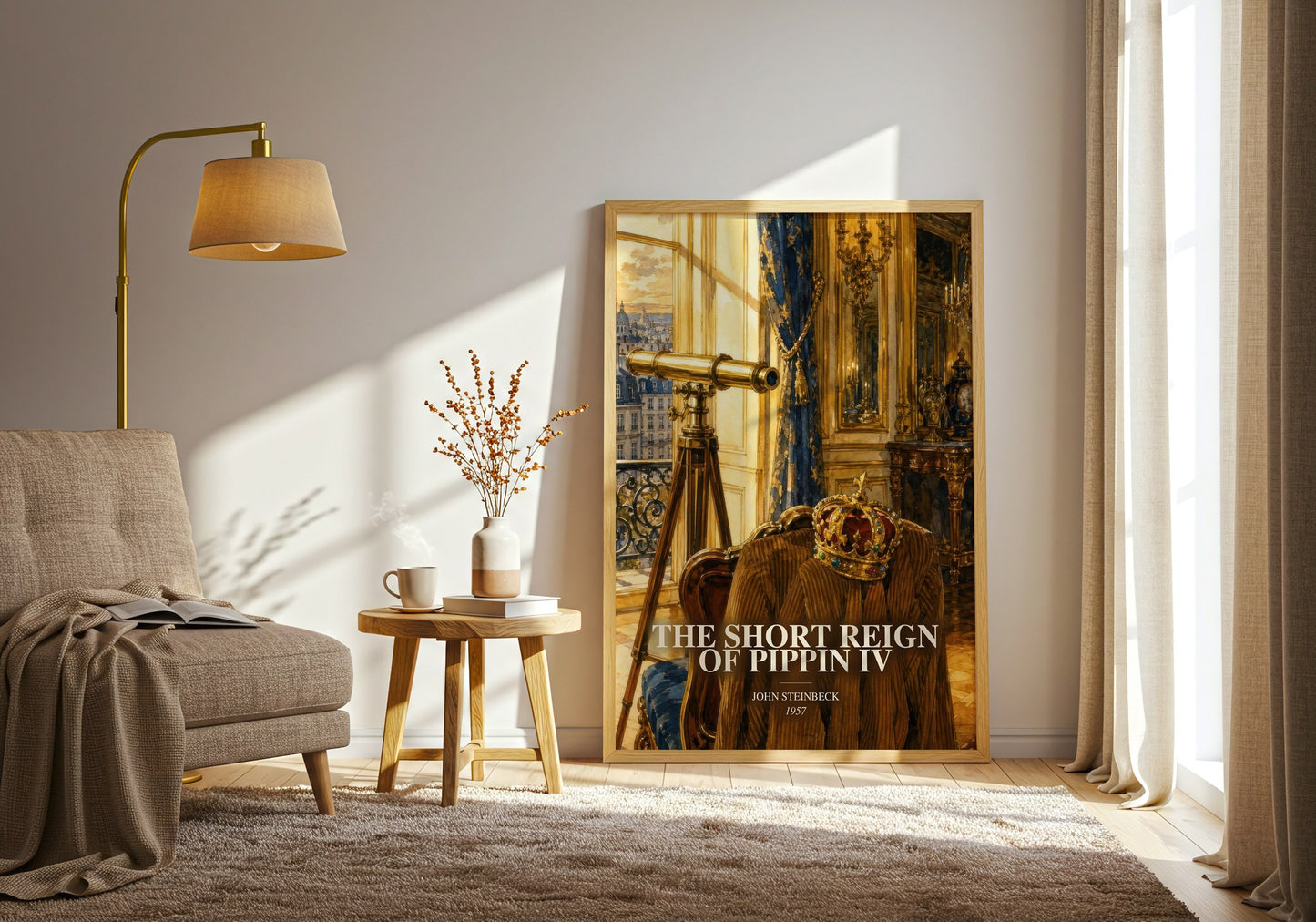 The Short Reign Of Pippin Iv watercolour print in frame leaning in hallway – satire wall art