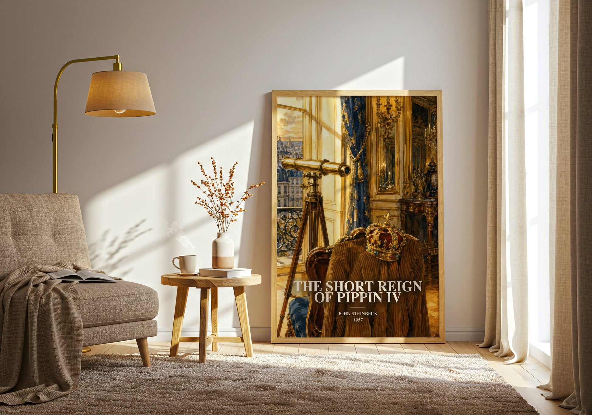 The Short Reign Of Pippin Iv watercolour print in frame leaning in hallway – satire wall art