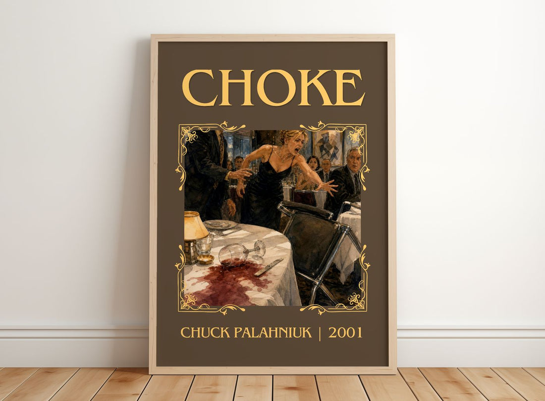 Choke Classic Book Art Print by Chuck Palahniuk – framed print leaning on a wooden floor