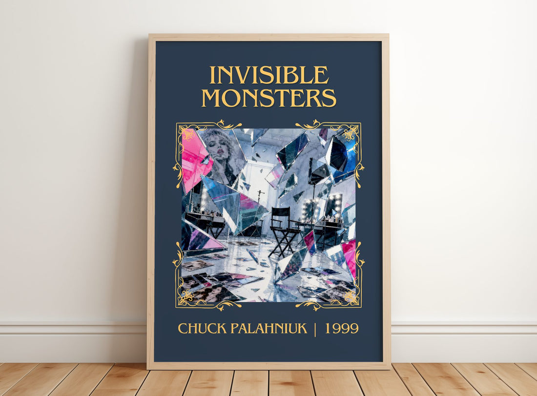 Invisible Monsters Classic Book Art Print by Chuck Palahniuk – framed print leaning on a wooden floor