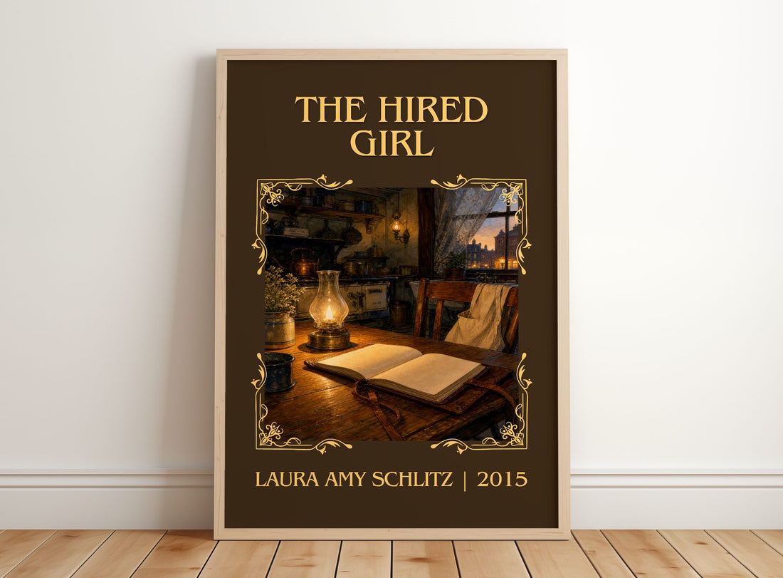 The Hired Girl Classic Book Art Print by Laura Amy Schlitz – framed print leaning on a wooden floor