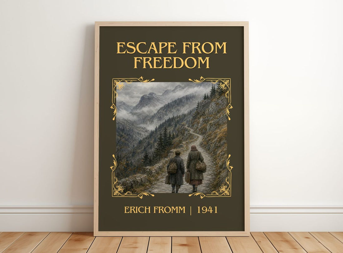 Escape from Freedom Classic Book Art Print by Erich Fromm – framed print leaning on a wooden floor