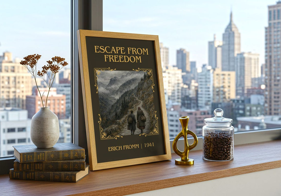 Escape from Freedom Classic Book Art Print by Erich Fromm – framed print on a city-view windowsill