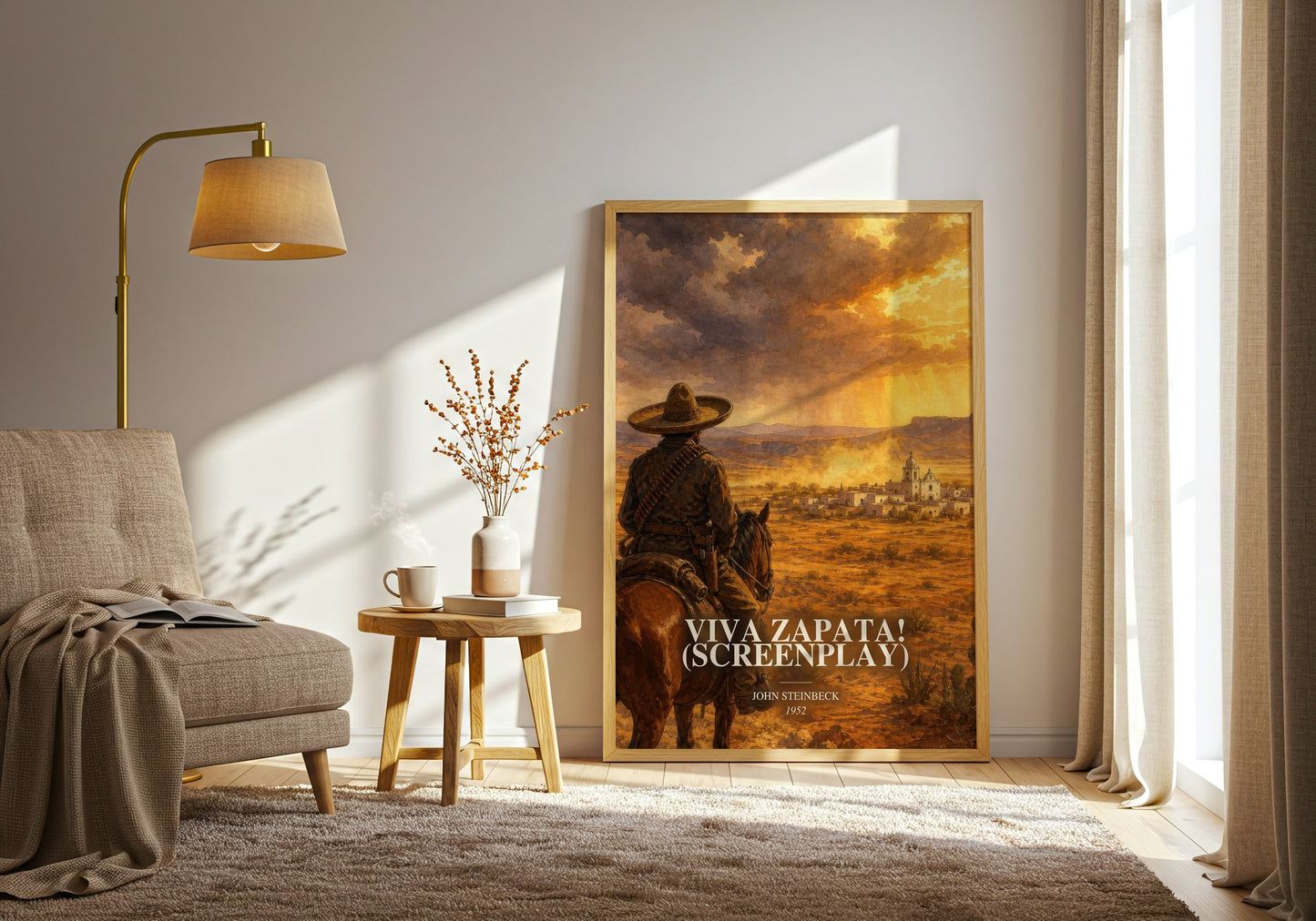 Viva Zapata! (Screenplay) watercolour print in frame leaning in hallway – historical fiction wall art