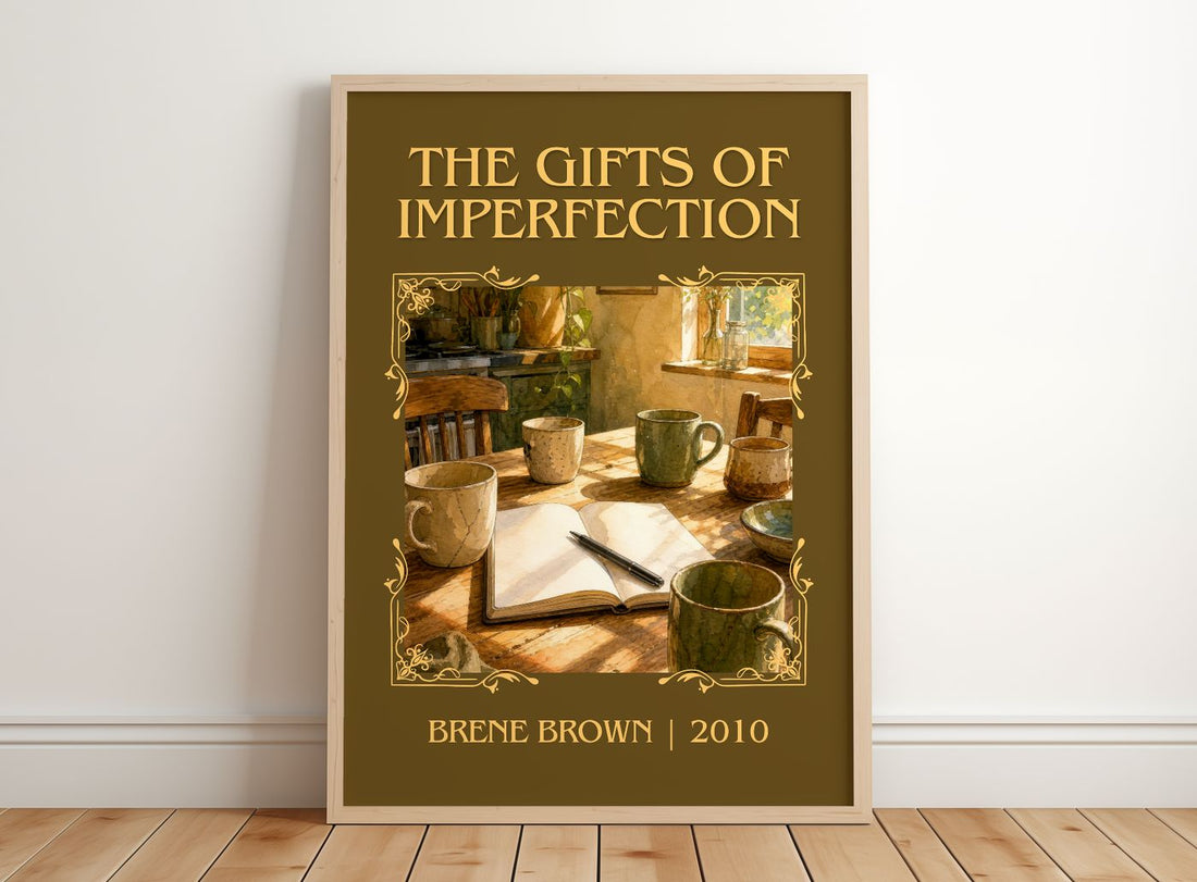 The Gifts of Imperfection Classic Book Art Print by Brené Brown – framed print leaning on a wooden floor