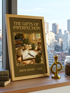The Gifts of Imperfection Classic Book Art Print by Brené Brown – framed print on a city-view windowsill