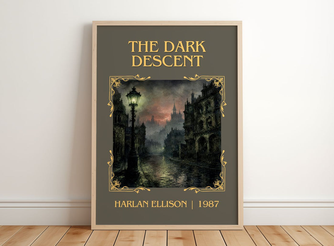 The Dark Descent Classic Book Art Print by Harlan Ellison – framed print leaning on a wooden floor
