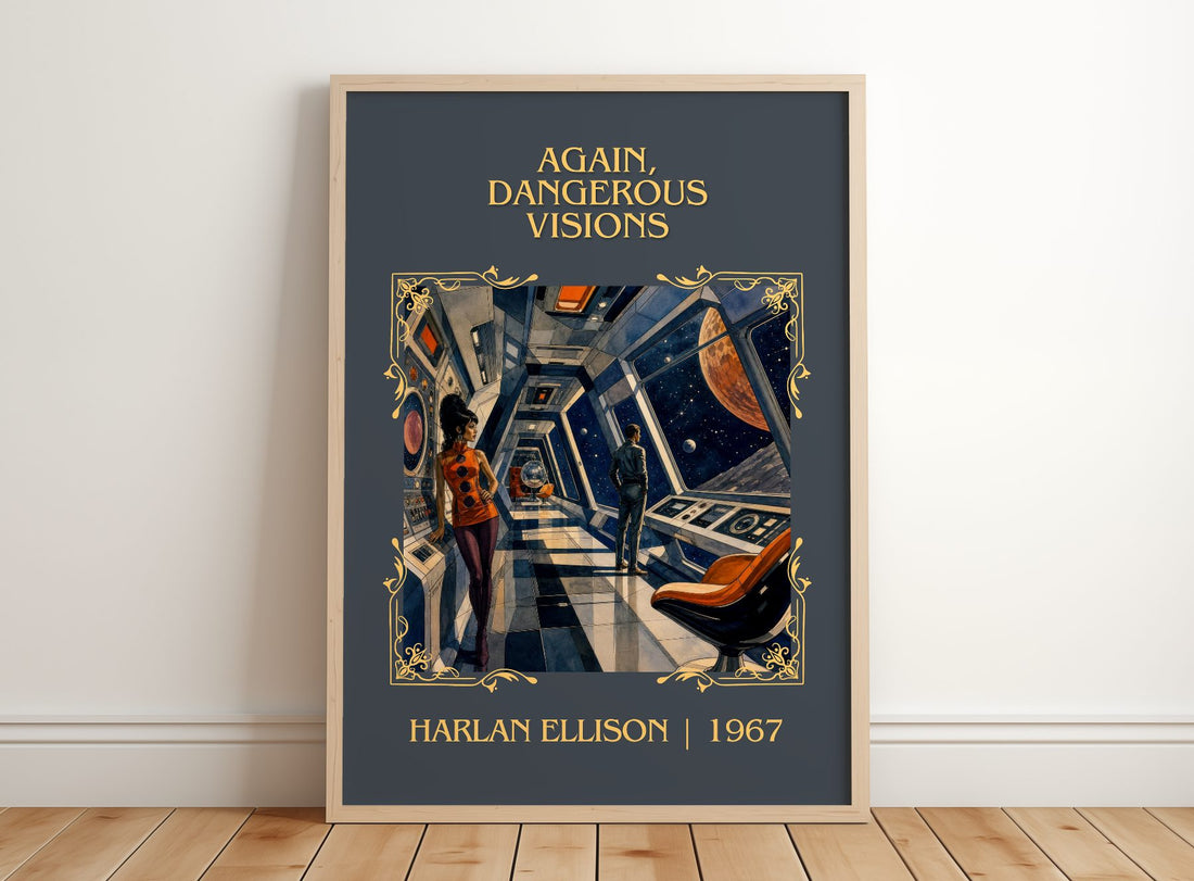 Again, Dangerous Visions Classic Book Art Print by Harlan Ellison – framed print leaning on a wooden floor