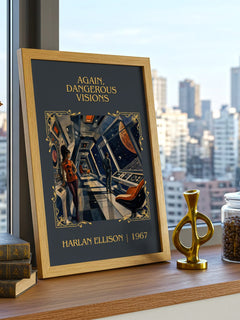 Again, Dangerous Visions Classic Book Art Print by Harlan Ellison – framed print on a city-view windowsill