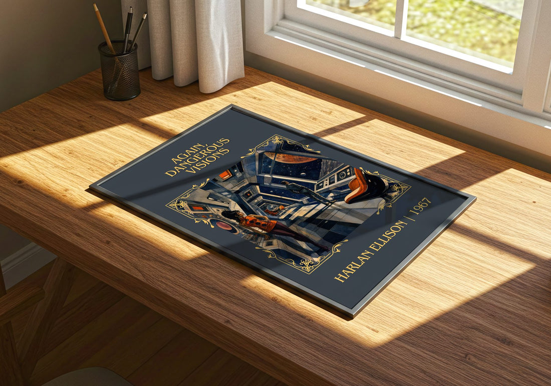 Again, Dangerous Visions Classic Book Art Print by Harlan Ellison – print on a sunlit desk