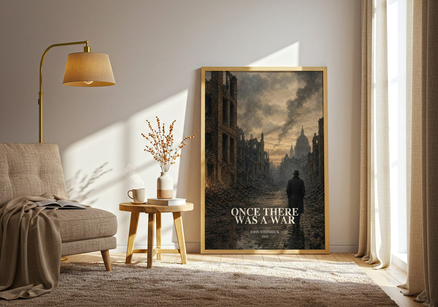 Once There Was A War watercolour print in frame leaning in hallway – non fiction wall art