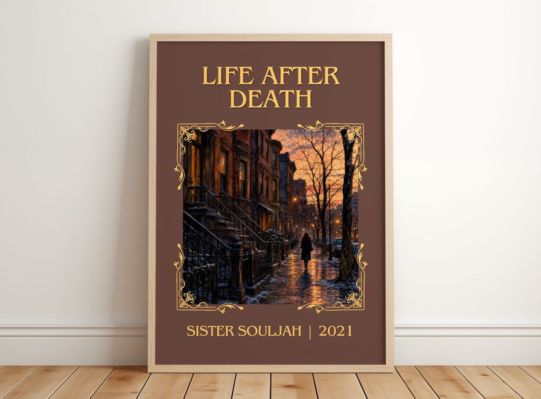 Life After Death Classic Book Art Print by Sister Souljah – framed print leaning on a wooden floor