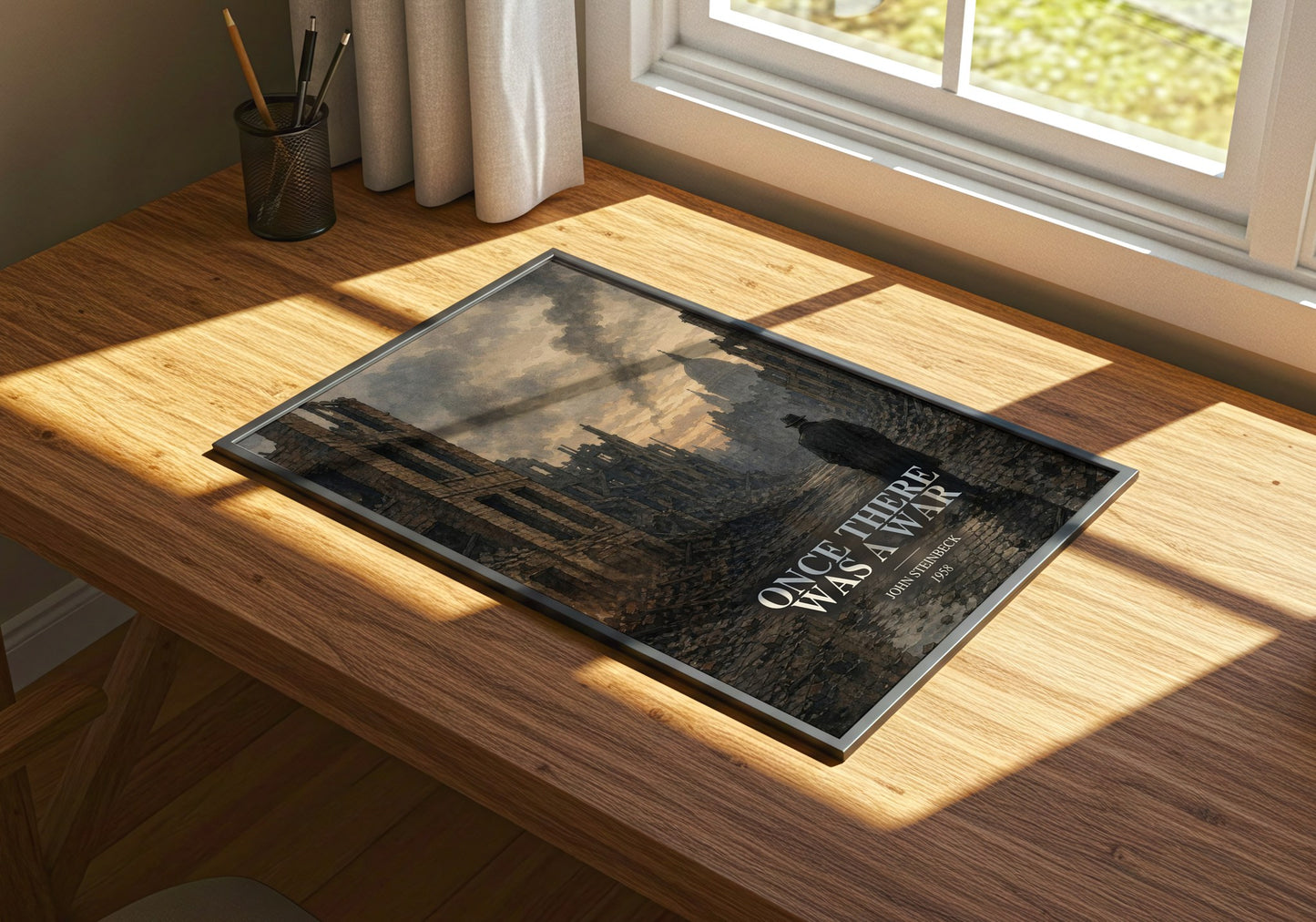Once There Was A War watercolour book poster framed on wall – non fiction wall art